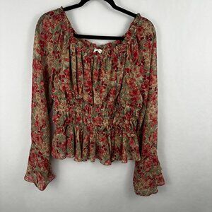 Kori Floral Women's Blouse Lined Gathered Waist Floral Pink Brown Size‎ L